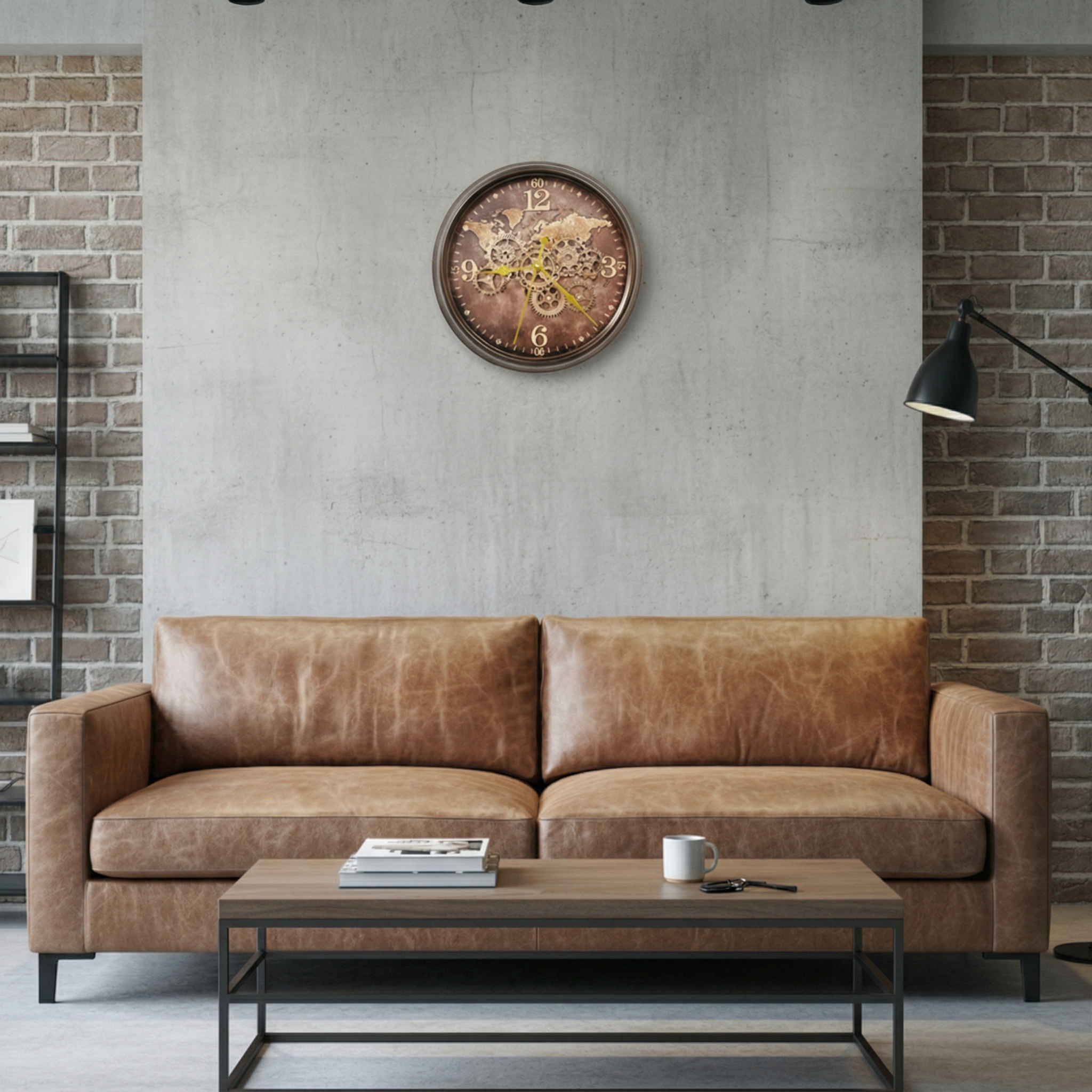 Horloge murale mécanique style industriel avec engrenages apparents